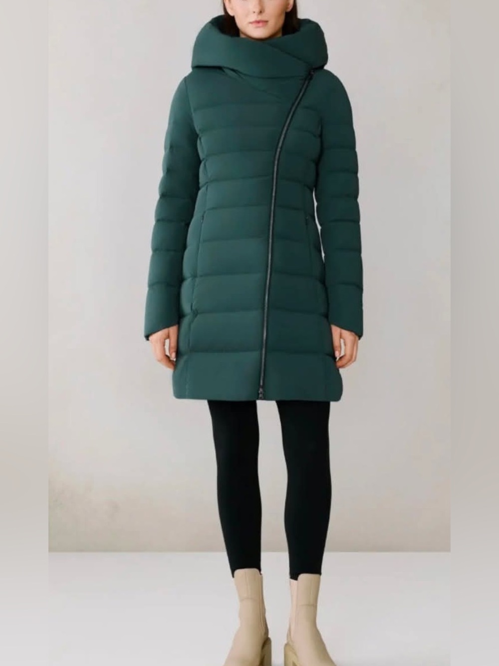 NWOT SOIA & KYO Women's Green Asymmetric Hooded Down Puffer Coat Size L $629